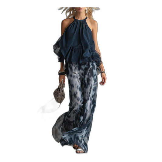 Ainara - Elegante conjunto de cuello alto y pantalones anchos estampados