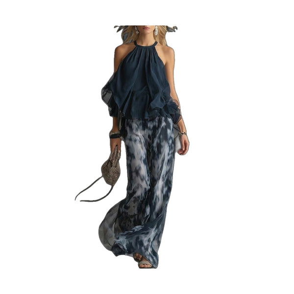 Ainara - Elegante conjunto de cuello alto y pantalones anchos estampados